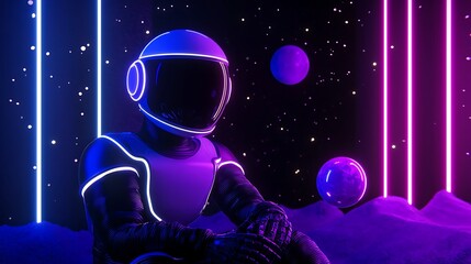 Futuristic astronaut seated in a neon-lit cosmic landscape with planets and glowing elements