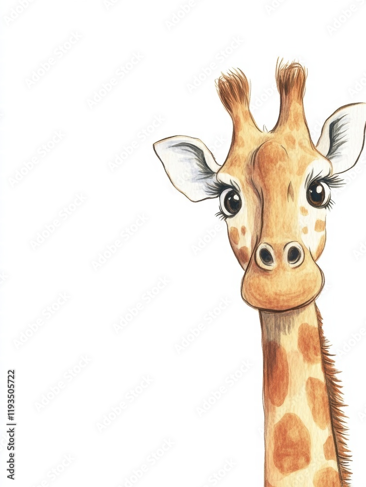 Leinwandbilder cute illustrated giraffe looking directly at the viewer with big eyes and a friendly expression in a