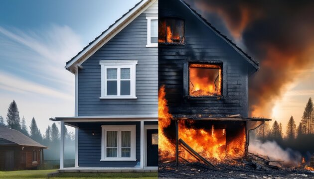 Home Fire Insurance Protection - House fire, destruction, safety, security, recovery.  Symbolizes the importance of home protection.