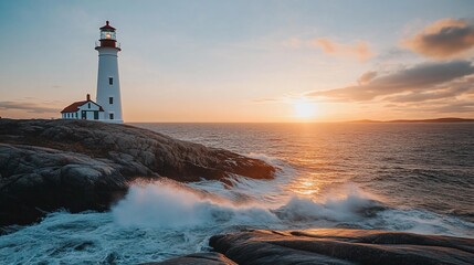 Obraz premium Lighthouse on rocky coast during sunset waves crashing