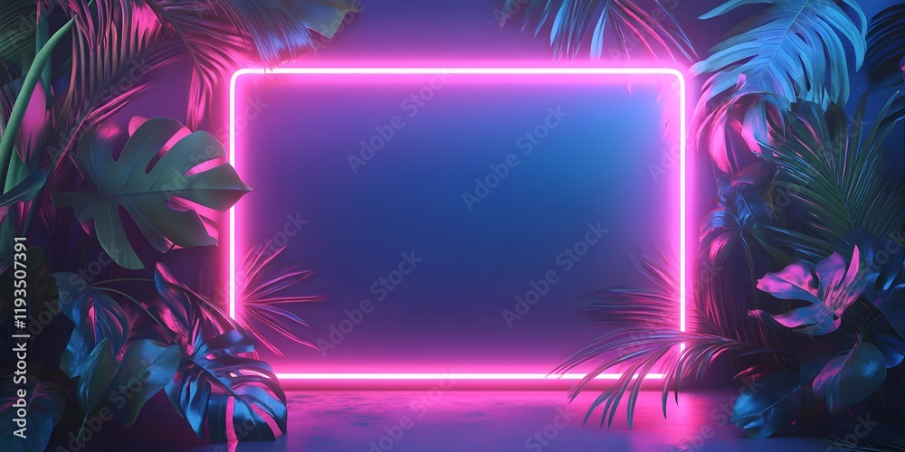 Fototapete Neon frame sign in the shape of a rectangle with tropical leaves and copy space, Generative Ai