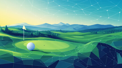 Hologram golf background. Golf background of polygons, triangles of dots and lines. The club and the golf ball are low-poly connection structure. Technology concept vector.