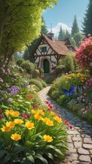 Naklejka premium Enchanting English Cottage with Blooming Garden and Butterfly Against Forest Backdrop