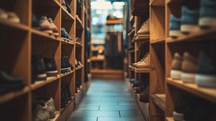 Fototapeta premium Wooden Shoe Shelves Filled With Assorted Footwear