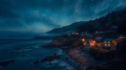 Naklejka premium Coastal Nightscape with Starry Sky and Illuminated Houses in Serene Setting