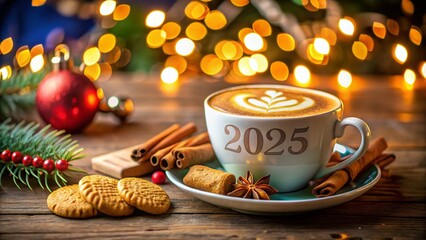 Fototapeta premium Happy New Year 2025 Latte Art: Festive Coffee, Cinnamon, Cookies, Bokeh