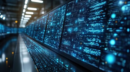 Futuristic Data Server Room with Digital Displays and Bright Blue Lights Showcasing Complex Computer Data Processing in an Advanced Technology Environment