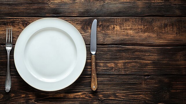 Empty white plate with silverware on dark wood table