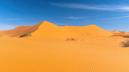 Orange sand dunes under a clear blue sky; desert landscape; travel photography