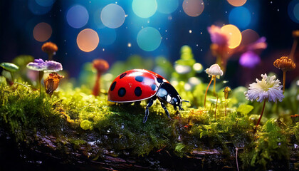 Ladybug crawling through colorful wildflowers in enchanted forest nature photography close-up perspective magical atmosphere macro shot for inspiring environmental awareness