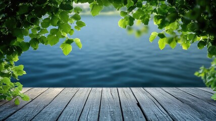 Wooden deck with leafy frame overlooking serene lake scene