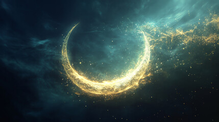 Fototapeta premium Hologram Of Islam. Holographic projection of the Islamic Crescent. Flickering energy flux of particles. Scientific design religion.