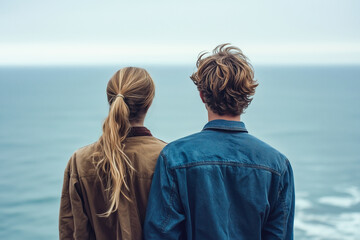 Fototapeta premium young couple in love standing on the beach and looking at the sea. heterosexual couple. seascape. love concept. dating. perfect