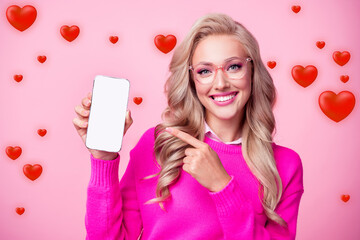 Photo of lovely adorable girl wavy hairdo stylish outfit glasses hand hold empty space novelty...