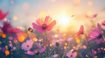 Beautiful sunrise over field of blooming pink flowers with soft bokeh background and dragonfly