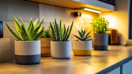 Fototapeta premium Succulents in colorful pots adorn a modern kitchen counter