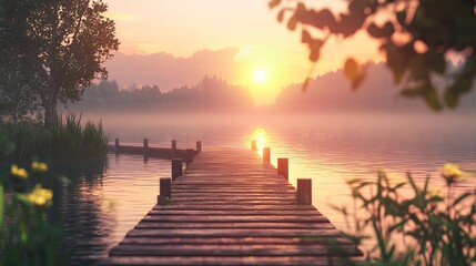 A peaceful dock extending over a calm lake with rippling reflections of the sunset