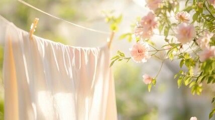 Sunlit white sheet drying on clothesline, pink flowers bloom