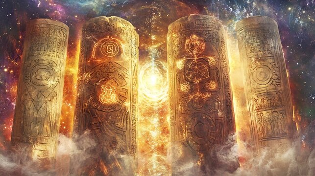 Depiction of philosophical symbols carved into ancient scrolls illuminated by cosmic light