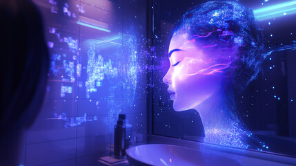 Hologram shampoo. A holographic projection of the shampoo. Flickering energy flux of particles. Scientific design hygiene care.