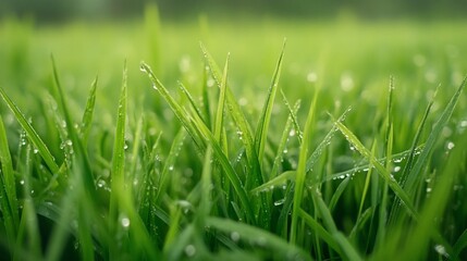 Dew Drops on Lush Green Blades of Grass