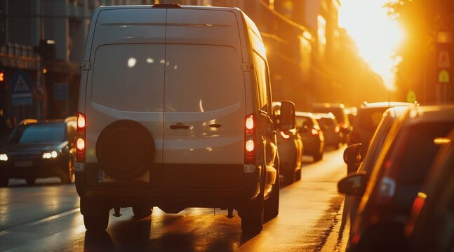 Urban Traffic Jam at Sunset with Delivery Van on Busy City Street