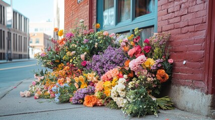 Naklejka premium Vibrant flowers arranged meticulously against red brick building