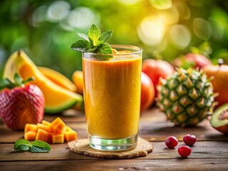 Fototapeta premium Healthy Vibrant Jungle Fruit Smoothie with Bokeh Background - Stock Photo