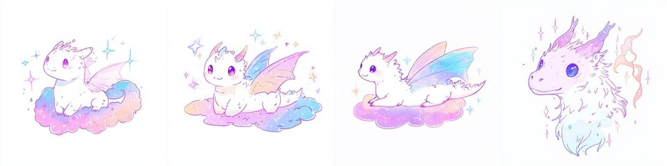 Adorable Pastel Baby Dragons on Clouds Fantasy Art Illustration Set