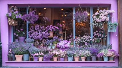 Vibrant flower shop with purple and pink flowers in pots
