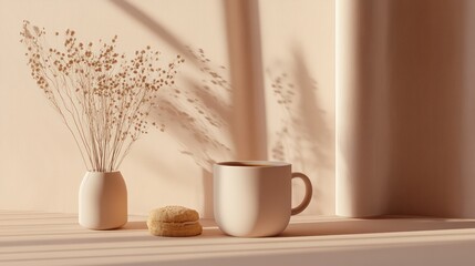 Serene Morning Coffee Mug and Vase on Sunlit Table with Curtains