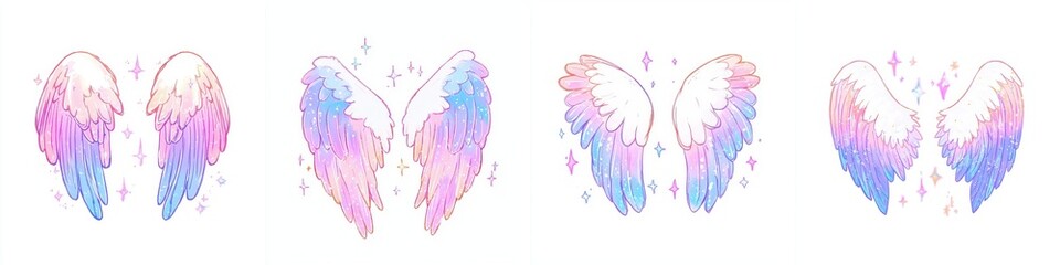 Fototapeta premium Pastel Rainbow Angel Wings Set Fantasy Cute Whimsical Illustrations Design Elements