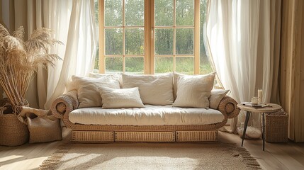 Fototapeta premium Wicker Sofa Near Window with Neutral Decor