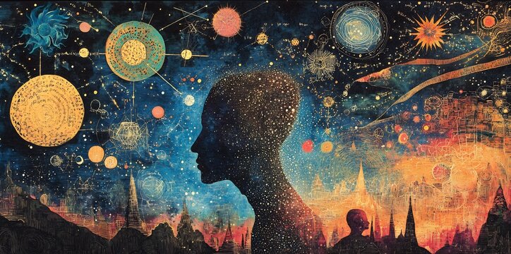 Depiction of thought experiments illustrated cosmic order and symbolic representations of balance