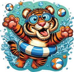 Wildlife Swimming Illustration Fun Animal Artwork, Cute Animal Swimming in Water, Playful Animals Swimming