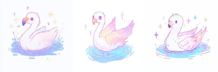 Adorable Pastel Swans Swimming in Sparkling Water Fantasy Illustration Cute Bird Art