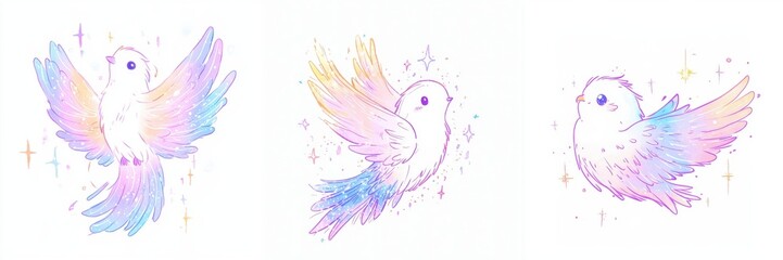 Obraz premium Pastel Rainbow Birds Flying Cute Fantasy Illustration Whimsical Avian Art Magical Sparkle Wings