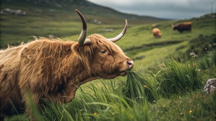 Highland Cattle Grazing in Scottish Highlands - Candid Photo