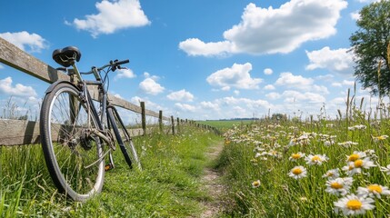 Naklejka premium Bicycle by wildflower path, sunny day