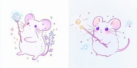 Adorable Pastel Mice Holding Magical Wand and Sparkler Cute Cartoon Illustration