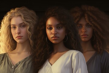 Fototapeta premium Photo of beautiful three young woman's with different hair colors. Blonde, brown and dark hairs. 