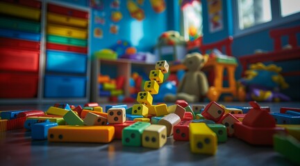 Colorful Domino Effect with Vibrant Toy Blocks in Playroom