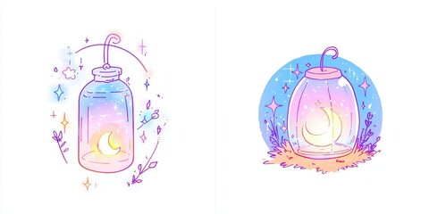 Enchanting Moonlit Jars Pastel Dreamy Illustrations of Celestial Jars with Crescent Moons