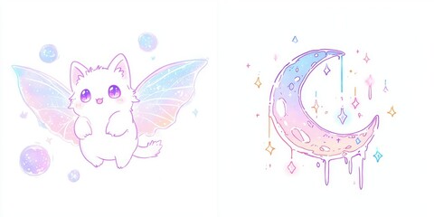 Adorable Pastel Cat with Fairy Wings and Dripping Crescent Moon Fantasy Art Illustration