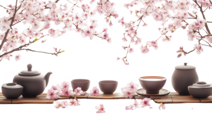Traditional Japanese Tea Ceremony under Blooming Cherry Blossom Trees, Hanami Cherry Blossom Festival, transparent background, isolated on white, PNG file
