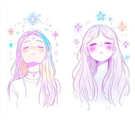 Dreamy Pastel Anime Girls with Stars Celestial Kawaii Illustration Art