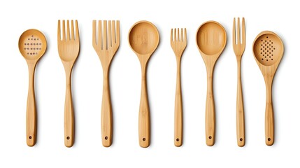 A set of eco-friendly bamboo utensils on a white background