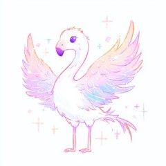 Obraz premium Adorable Pastel Flamingo with Wings Spread Whimsical Bird Illustration Cute Fantasy Animal Art
