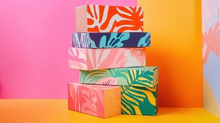 Colorful Stacked Boxes With Abstract Tropical Designs
