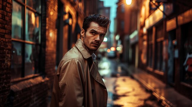 Mysterious Man in Trench Coat Walking Down Dimly Lit Alley